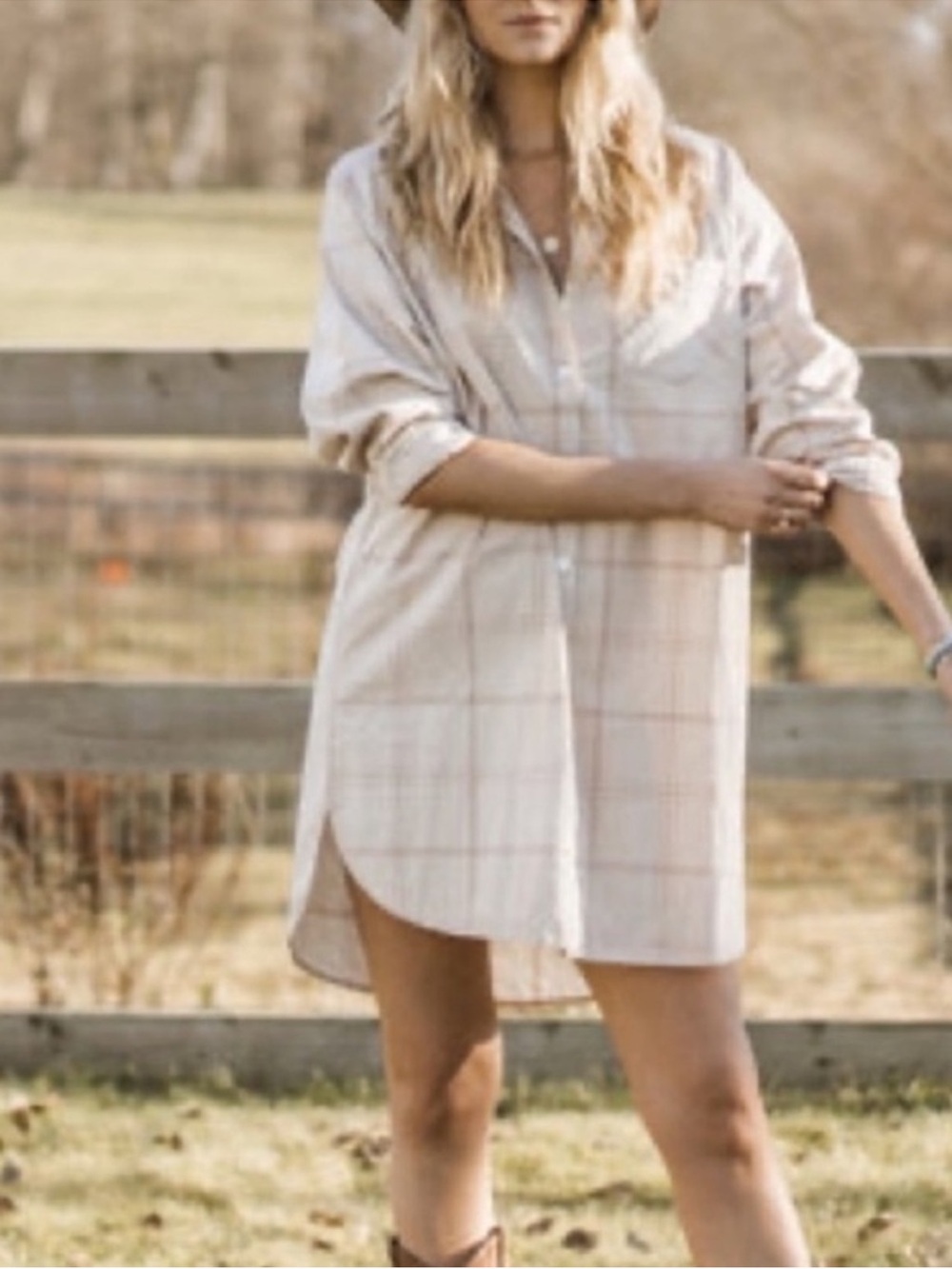 Jackson Rowe The Beau Dress Cream & Dusty Rose Plaid Shirt Dress Size Small
